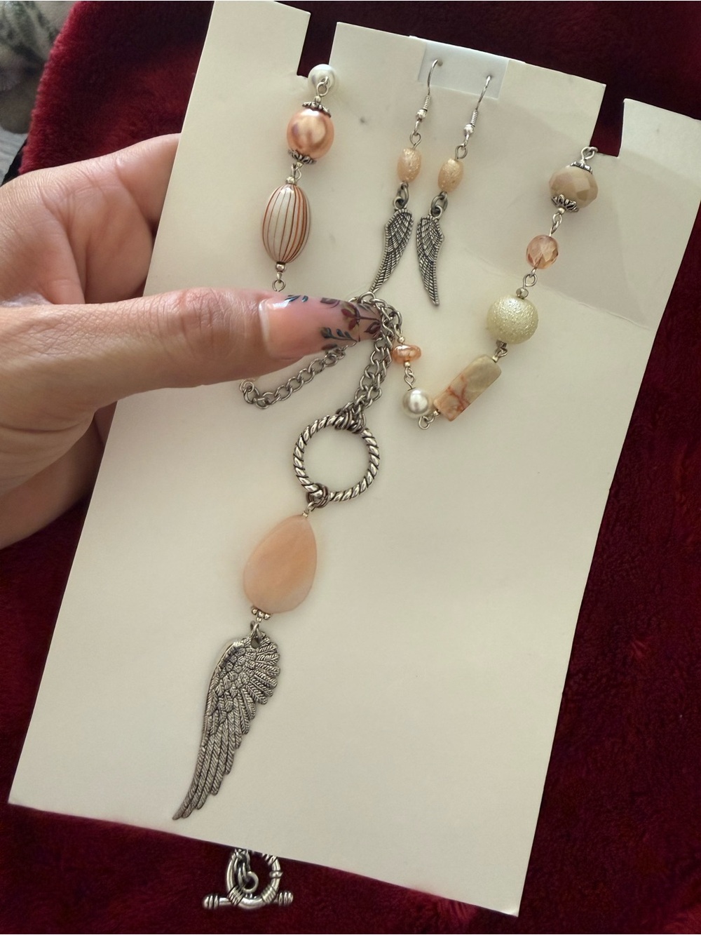 Peach Bead & Angel Wing Pendant Necklace - Women Jewelry